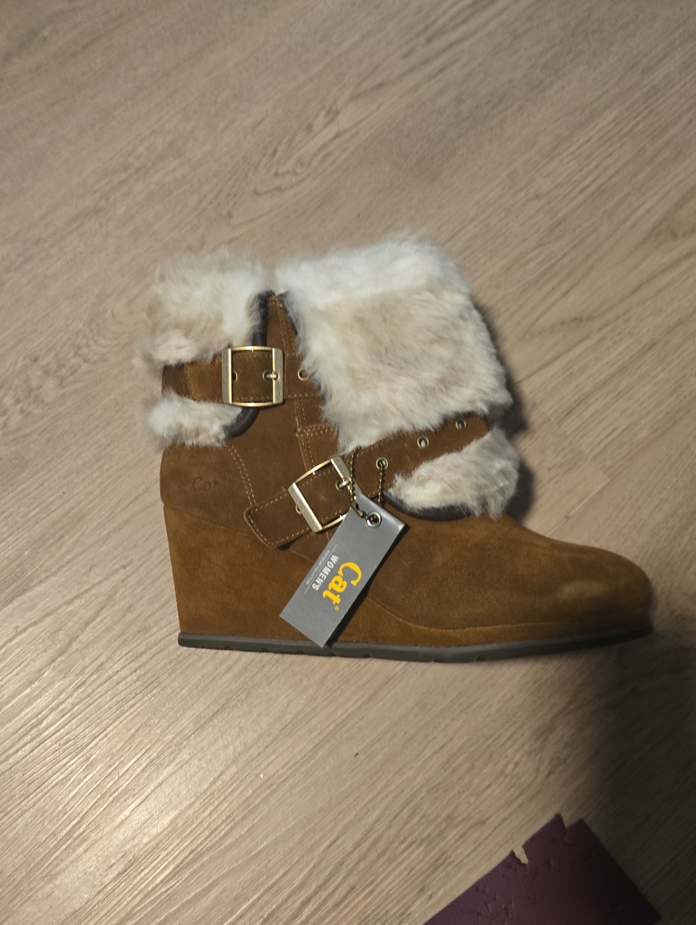 Suede Wedge Ankle Boot with Faux Fur Cuff - Brown